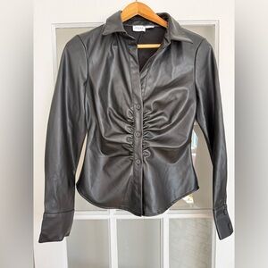 Black Faux Leather Ruched Front Top